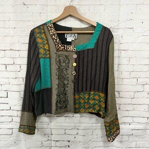 Vintage Faith Boho Patchwork Top Shirt XS Crop Oversized Phoebe Blue Brown